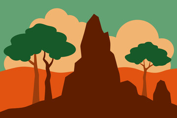 Naklejka premium Stylized landscape with a large rock formation and trees under a cloudy sky