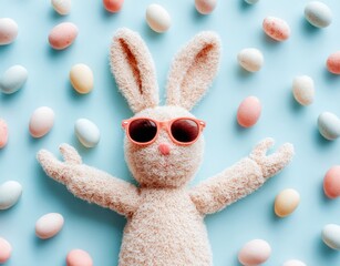 Plush bunny with sunglasses surrounded by pastel candy eggs on a light blue background, shot from above