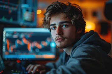 A young man hosting a video blog session, engages with his audience about cryptocurrency trading, with dynamic digital charts displayed in the background.