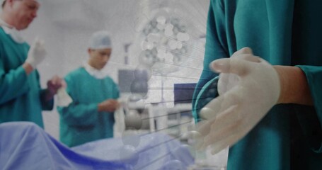 Right surgeon scrubbing hands in operating room, with gloves, molecular model overlay, copy space