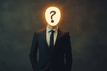 Business figure with glowing question mark face, concept of mystery and decision-making.