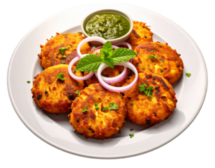 Crispy Aloo Tikki on Ceramic Plate with Fresh Mint Chutney and Garnish, Transparent PNG