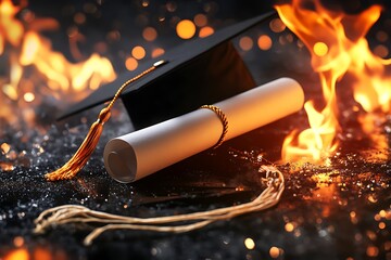 Graduation cap and rolled diploma burning, symbolizing destruction or protest.