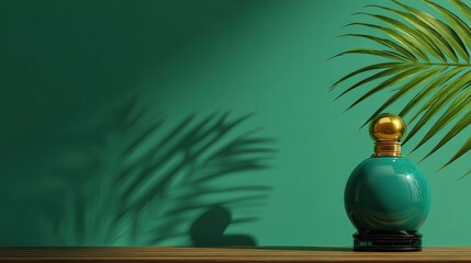 Teal bottle w/gold cap on wood surface, backdropped by green wall & palm frond; deep shadows accentuate the still life
