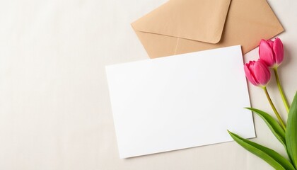 Greeting card and envelope with pink tulips on light background for International Women's Day  