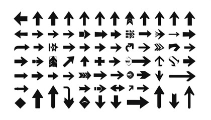 Collection of various black arrows on a white background