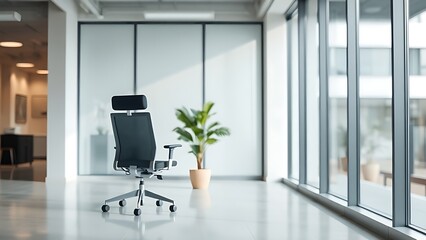 A clean minimalist office interior with an ergonomic chair and potted plant.