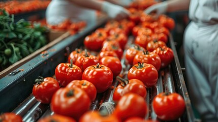 Operators sort fresh, ripe tomatoes on a conveyor belt. People in special clothing and gloves monitor and clean the environmentally green vegetables. Agricultural technology.