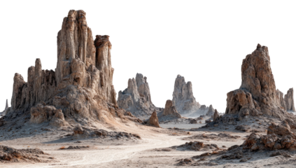 A vast, arid landscape.  Tall, sculpted rock formations, light beige and tan, rise dramatically from a dusty, pale ground.  A winding path cuts through the scene.  Minimal vegetation.  Harsh light