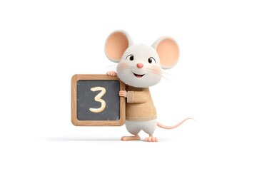 A cheerful mouse pushing a mini chalkboard with numbers, proud classroom assistant, 3d animation, isolated on a white background