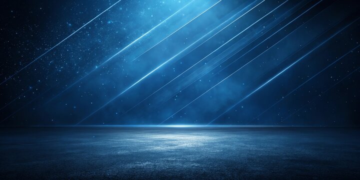 Abstract dark blue background with subtle light rays and smoky atmosphere and shiny floor