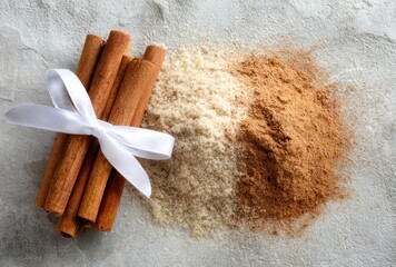 Cinnamon sticks tied with a ribbon and ground cinnamon on a textured grey surface, top-down view