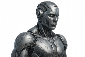 Realistic metallic android with visible mechanical parts is staring away from the observer on a transparent background