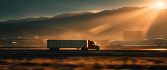 A blurred view of a red semi-truck driving on a highway during a golden sunset against a mountainous landscape with sunbeams