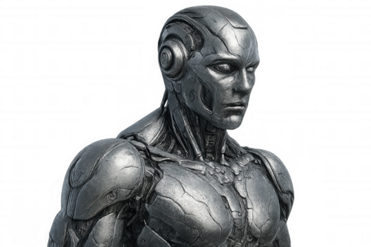 Realistic metallic android with visible mechanical parts is staring away from the observer on a transparent background