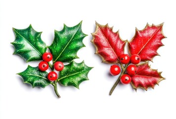 Holly sprigs; one green, one red, with shiny berries. Isolated on a white background with shadows