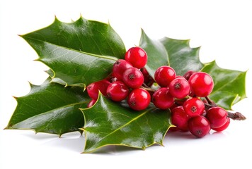 Holly sprig vibrant red berries nestled amid glossy, spiky green leaves, resting on white background