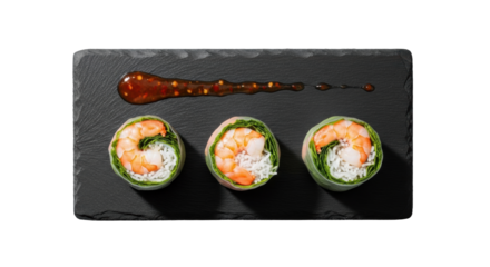 Three fresh shrimp spring rolls, plump pink shrimp, green herbs, rice vermicelli, on dark slate plate with sweet chili sauce, studio top-down flat lay, Concept of culinary elegance and freshness