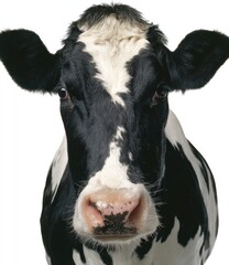 Up-close, direct gaze of a black and white cow's face against a clean white background. Centered, clean, and clear