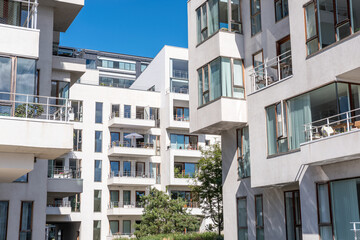 New white multifamily residential buildings seen in Copenhagen, Denmark
