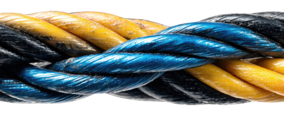 Close-up of intertwined,  blue and yellow,  plastic rope