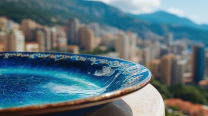 Blue ceramic plate with abstract patterns stands against a blurred mountain city backdrop under a sunny sky
