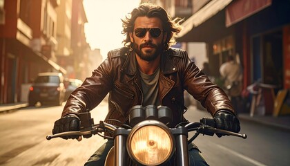 A man on a motorcycle in a city street bathed in sunlight