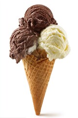 A waffle cone piled high with three scoops of chocolate, vanilla and chocolate-vanilla swirled ice cream