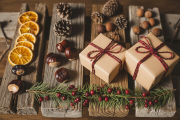 A rustic christmas display with gifts oranges pinecones and chestnuts on wooden planks surface