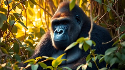 Fototapeta premium Portrait of a gorilla surrounded by green foliage
