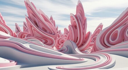 Surreal Pink and White Abstract Landscape with Flowing Curves