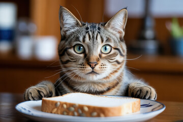 A tabby cat with green eyes looking at a slice of bread on a plate on a wooden table indoors