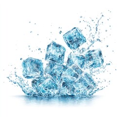 A cluster of transparent ice cubes with water droplets splash on a white background, creating a refreshing scene
