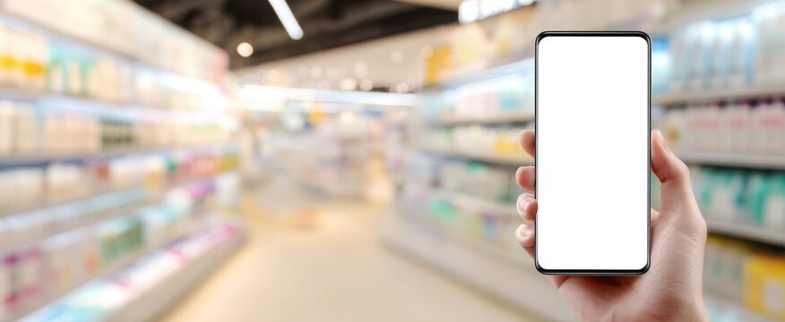 The smartphone held in a hand showing blank screen in supermarket aisle