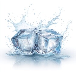 Two ice cubes rest amidst a splash of crystalline water, reflecting on a smooth, glossy surface