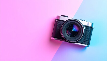 Vintage-style camera on a vibrant dual-tone backdrop evoking nostalgic vibes