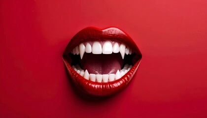 Fototapeta premium Crimson Fangs: A bold and dramatic portrayal of a vampire's bite with sharp teeth