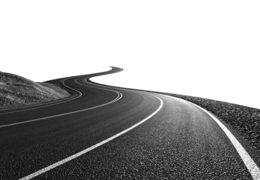Winding black and white road disappearing into darkness
