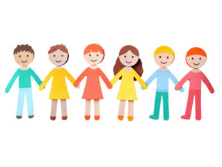 Children holding hands in a row, colorful cutouts