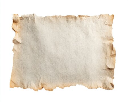 Aged, crinkled parchment with burnt edges, isolated on a white background, showing texture and weathered appearance