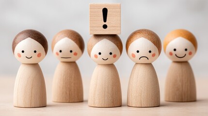 Five wooden figures with painted faces, one with an exclamation point block on head, on wood surface