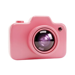 Cute pink toy camera with a reflective lens on a black background