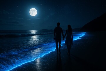 Silhouettes of a couple holding hands walking on a bioluminescent beach under a full moon and starry sky