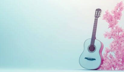 Guitar and pink flowers on pastel blue background with copy space for music festival poster or banner design symbolizing celebration event and artistic concept