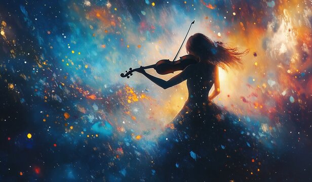 Beautiful woman in form of abstract galaxy playing violin with fantasy background vibrant colors starry sky backdrop featuring fantasy atmosphere elegant posture musical instrument silhouette