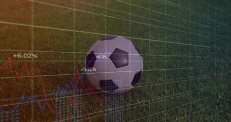 Displaying soccer ball resting on grass pitch, overlaying grid with red and blue line graphs