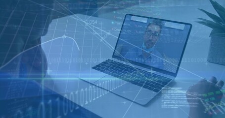 Displaying laptop showing colleague talking on call at desk with succulent data overlay