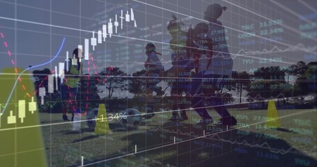 Female soccer team dribbling ball around yellow cones on soccer field, with financial chart overlay