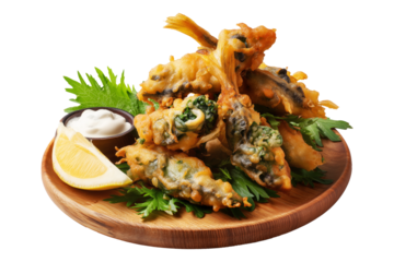 Whitebait Fritters small fish mixed with egg and fried like pancakes on wooden plate served with tartar sauce and lemon, isolated on white transparent background. Concept of New Zealand cuisine