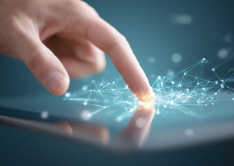 A hand's index finger touches a digital surface, illuminating a network of interconnected dots and lines against a blurred blue background